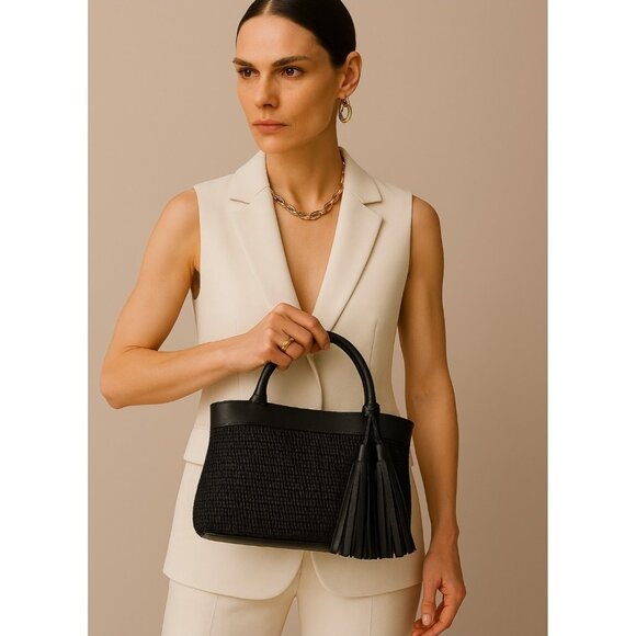 Carner Hill Woven Handbag Leather Trim Tassel Accent Shoulder Purse Structur - Picture 1 of 16